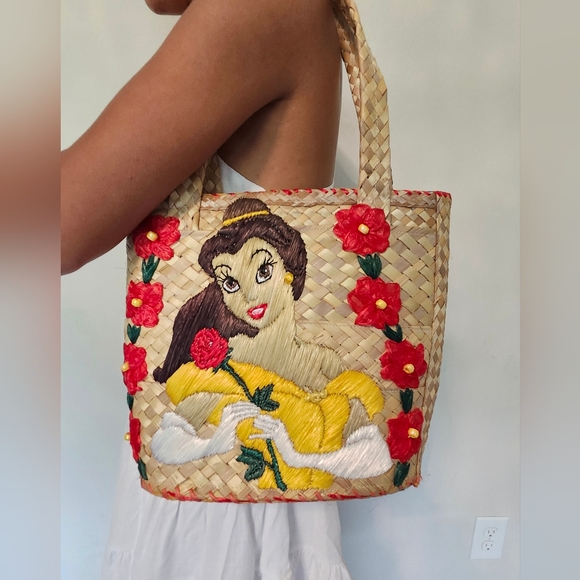 Bahamas Belle Beauty&Beast Floral Beaded Embroidered Woven Straw Tote Bag NEW - Picture 2 of 9